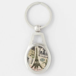 Modern Vintage French travel collage Key Ring