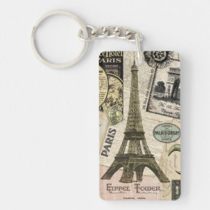 Modern Vintage French travel collage Key Ring