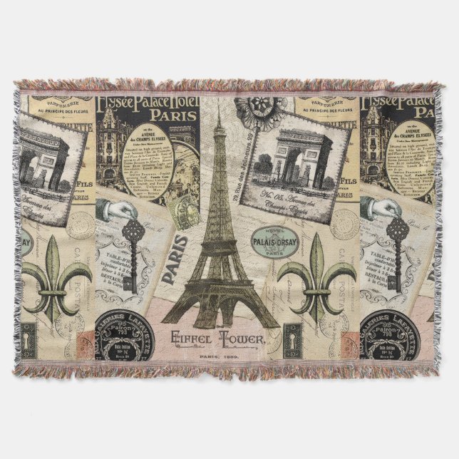 Modern Vintage French travel collage Throw Blanket (Front)