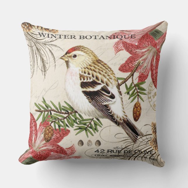modern vintage french winter bird cushion (Front)