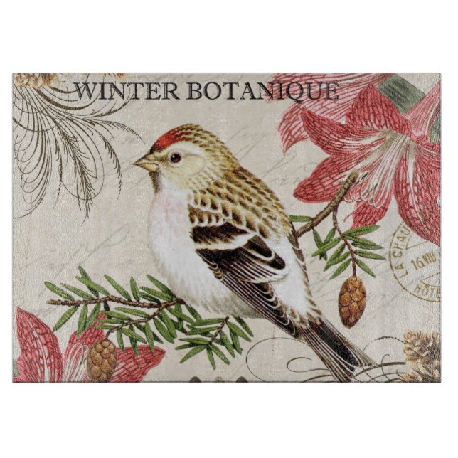 modern vintage french winter bird cutting board (Front)
