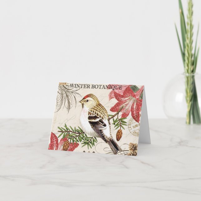 modern vintage french winter bird holiday card (Front)