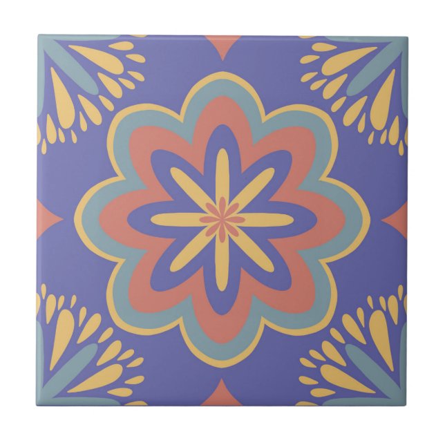 Modern vintage geometric purple floral pattern tile (Front)
