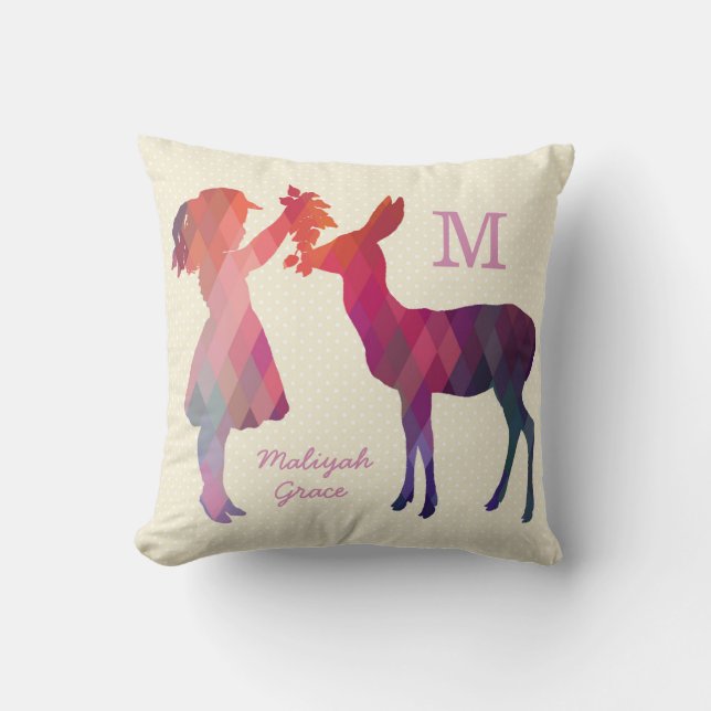 Modern Vintage Girl and Deer Monogram Throw Pillow (Front)