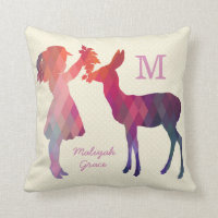 Modern Vintage Girl and Deer Monogram Throw Pillow