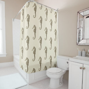 Modern Vintage Gold Brown Seahorse on Beige Cream Shower Curtain