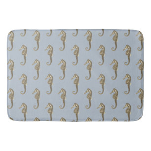 Modern Vintage Gold Brown Seahorse on Soft Blue Bath Mat