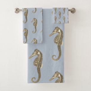 Modern Vintage Gold Brown Seahorse Soft Blue Bath Towel Set
