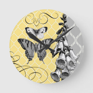 Modern Vintage graphic foxglove floral wall clock
