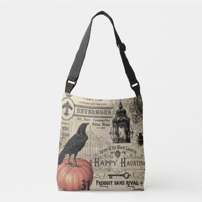 MODERN VINTAGE HALLOWEEN CROW AND PUMPKIN CROSSBODY BAG (Front)
