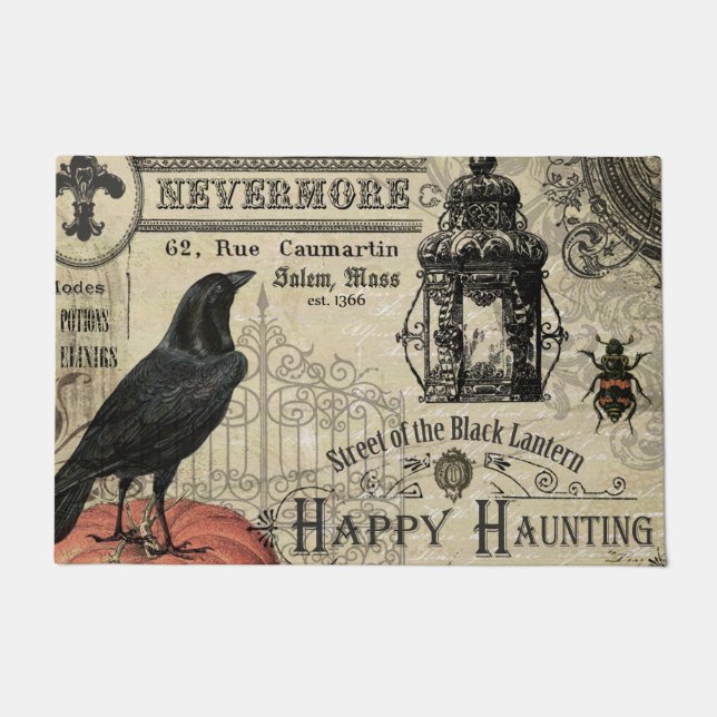 modern vintage Halloween crow and pumpkin Doormat (Front)