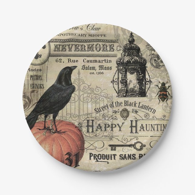modern vintage Halloween crow and pumpkin Paper Plate (Front)