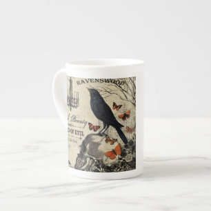modern vintage halloween crow and skull bone china mug