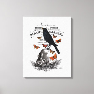 modern vintage halloween crow and skull canvas print