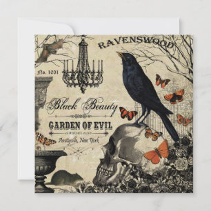 modern vintage halloween crow and skull card
