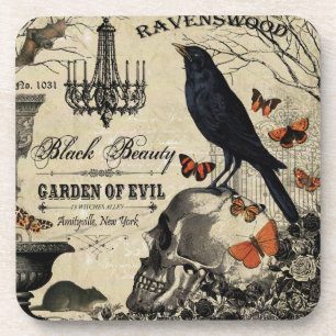 modern vintage halloween crow and skull coaster
