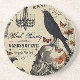 modern vintage halloween crow and skull coaster