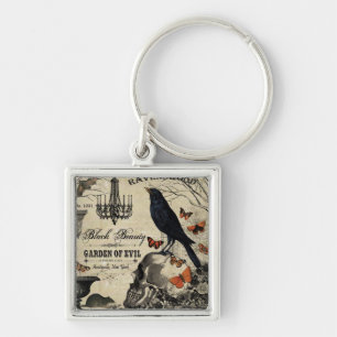 modern vintage halloween crow and skull key ring
