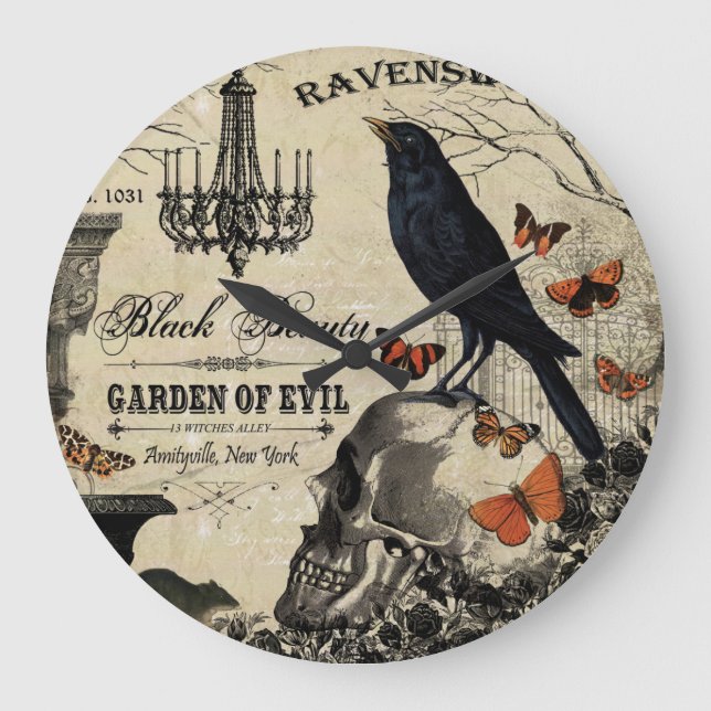 modern vintage halloween crow and skull large clock (Front)