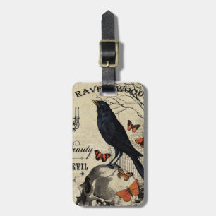 modern vintage halloween crow and skull luggage tag