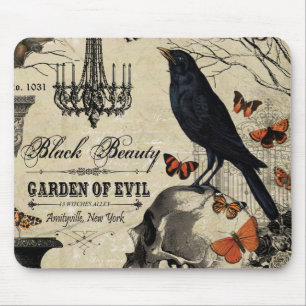 modern vintage halloween crow and skull mouse mat
