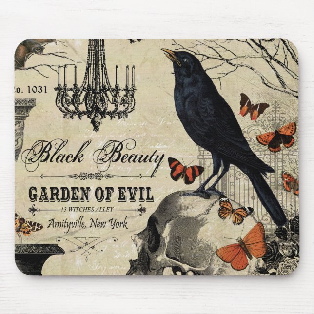 modern vintage halloween crow and skull mouse mat (Front)