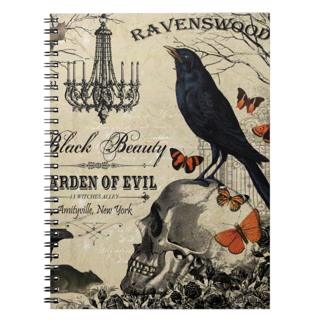 modern vintage halloween crow and skull notebook (Front)