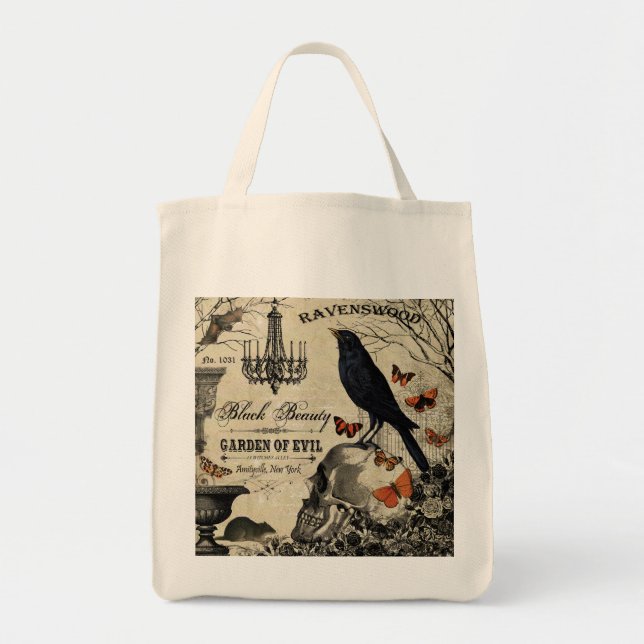 modern vintage halloween crow and skull tote bag (Front)