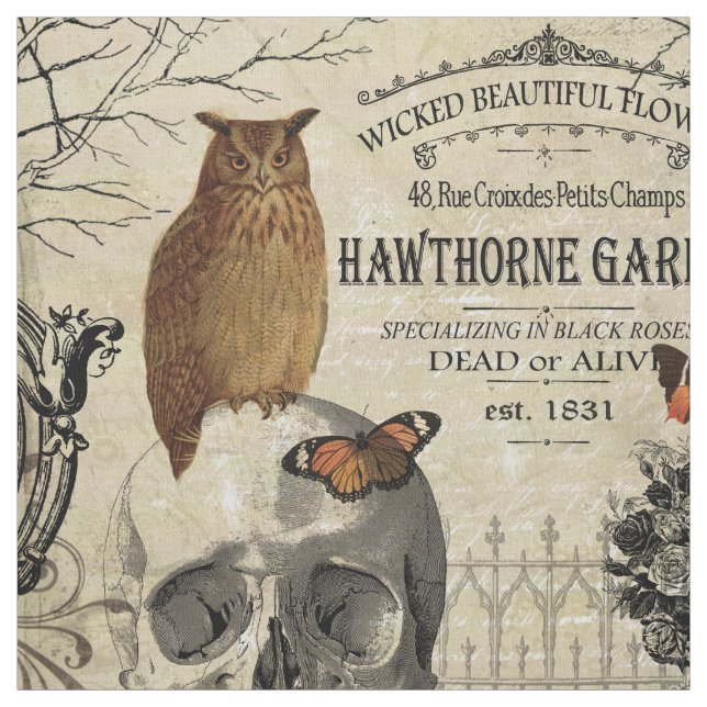 Modern vintage Halloween owl and skull Fabric (Swatch)