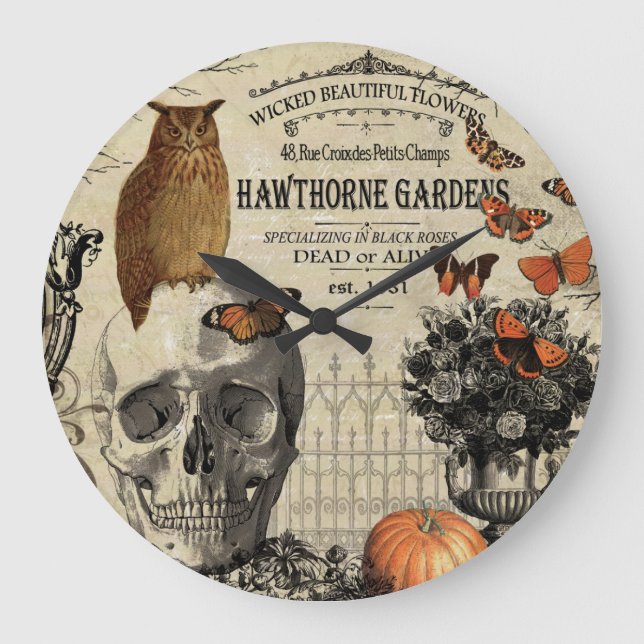 Modern vintage Halloween owl and skull Large Clock (Front)