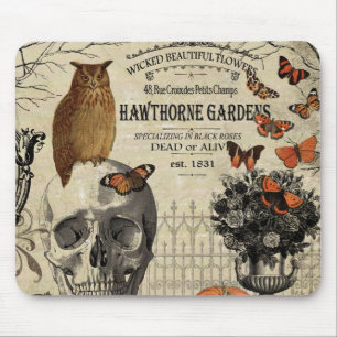 Modern vintage Halloween owl and skull Mouse Mat