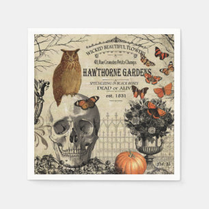 Modern vintage Halloween owl and skull Napkin