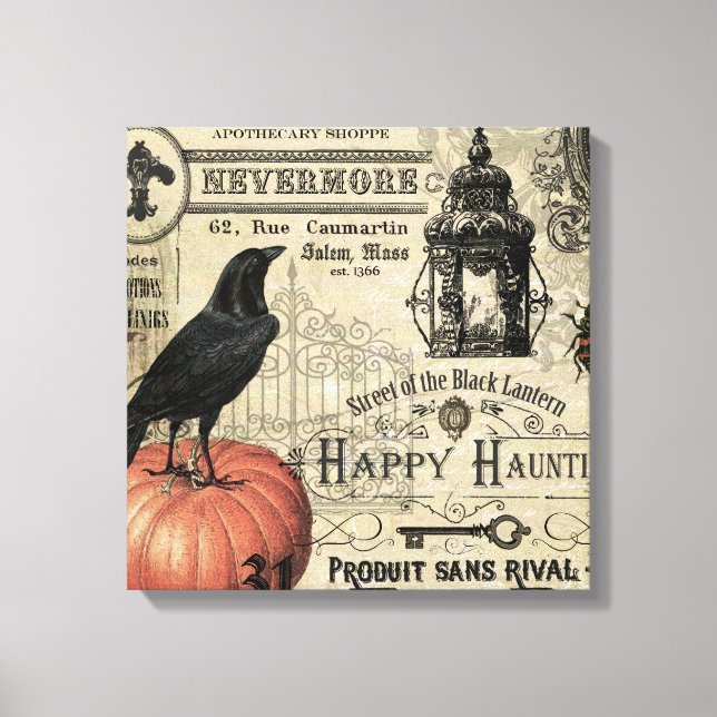 modern vintage halloween pumpkin and crow canvas print (Front)
