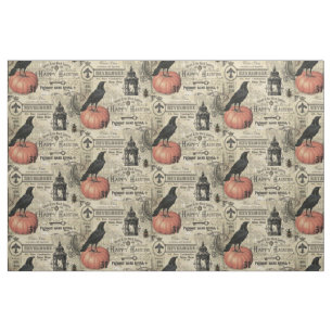 Modern Vintage Halloween pumpkin and crow Fabric