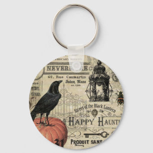 modern vintage halloween pumpkin and crow key ring