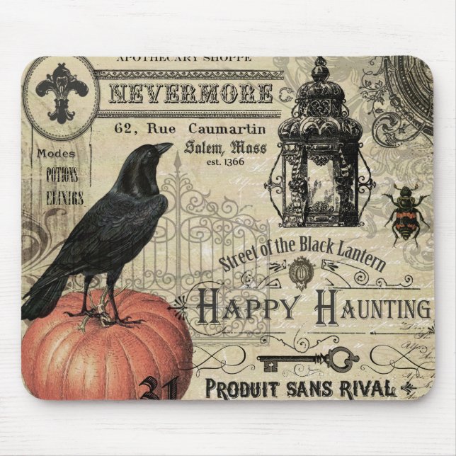 modern vintage halloween pumpkin and crow mouse mat (Front)
