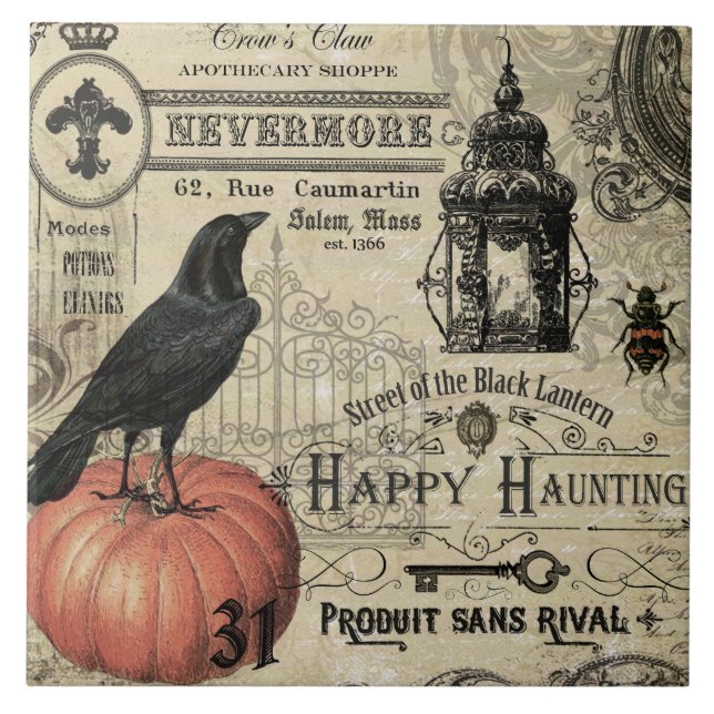 Modern Vintage Halloween pumpkin and crow Tile (Front)