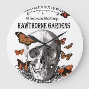 modern vintage Halloween skull and butterflies Large Clock