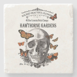 modern vintage Halloween skull and butterflies Stone Coaster