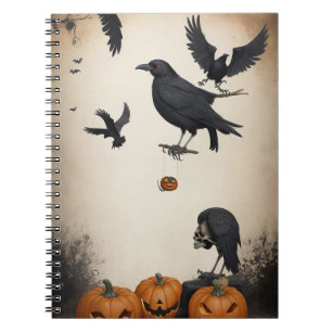 modern vintage halloween skull and crow notebook