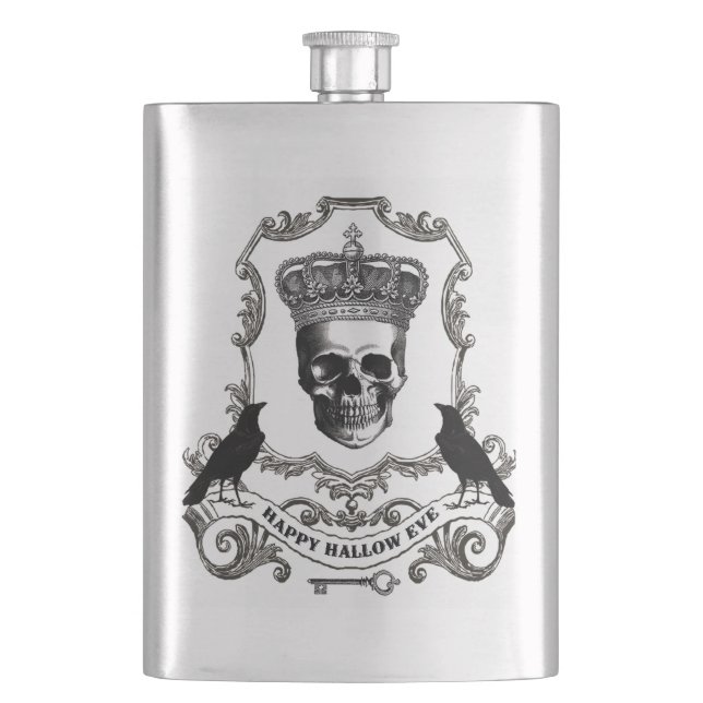 Modern vintage Halloween skull with crown Hip Flask (Front)