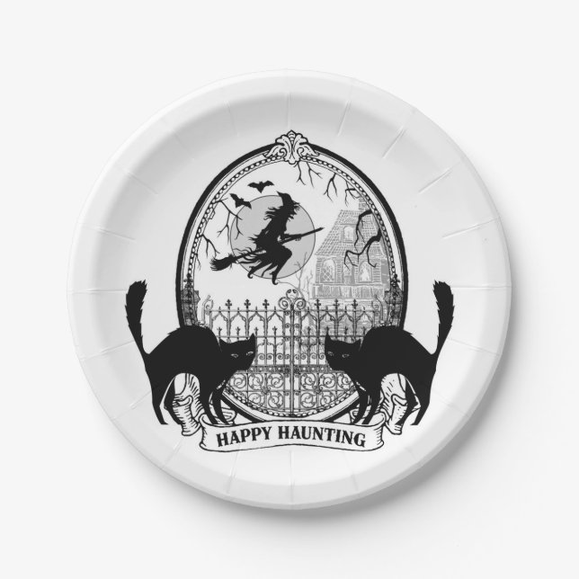 modern vintage Halloween witch and cats Paper Plate (Front)