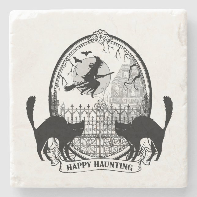 modern vintage Halloween witch and cats Stone Coaster (Front)