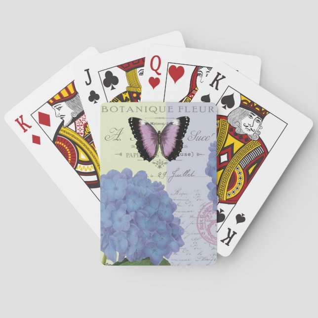 modern vintage hydrangea and butterfly playing cards (Back)