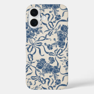 Modern Vintage Ivory Navy Blue Floral Pattern iPhone 16 Case