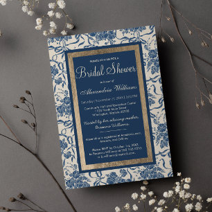 Modern Vintage Ivory Navy Floral Bridal Shower Invitation