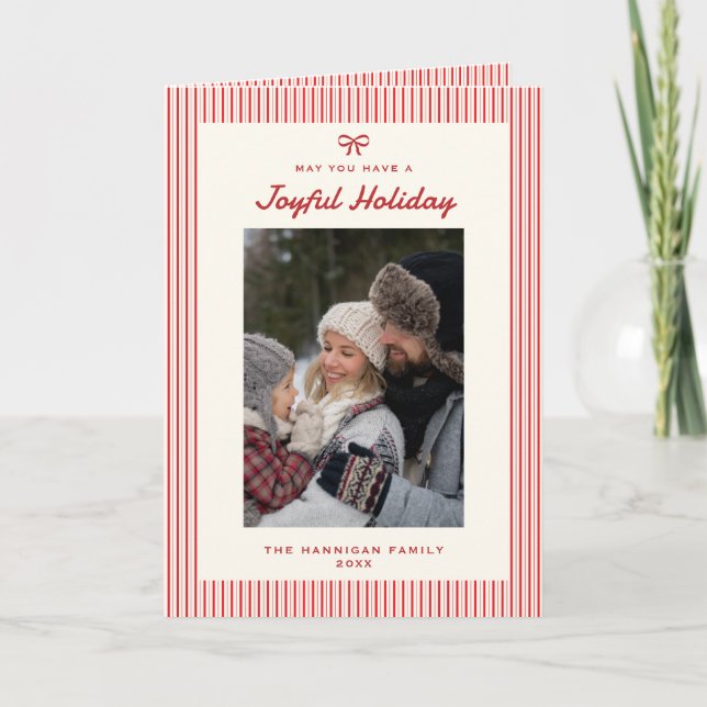 Modern Vintage Joyful Holiday Red Bow Photo Card (Front)