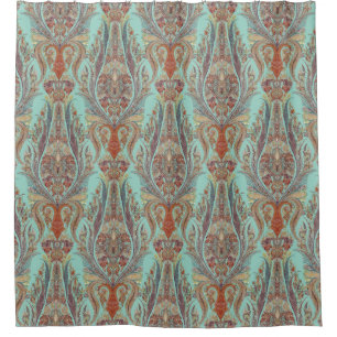 Modern Vintage Kashmir Paisley Turquoise Patterned Shower Curtain