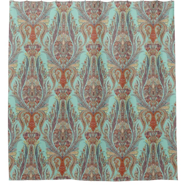 Modern Vintage Kashmir Paisley Turquoise Patterned Shower Curtain (Front)