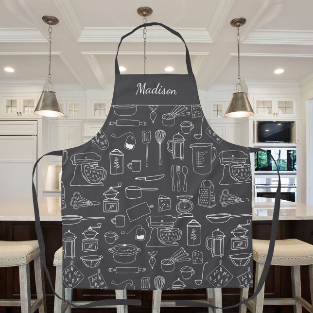 Modern Vintage Kitchen Utensils Cute Doodle Apron (In situ)